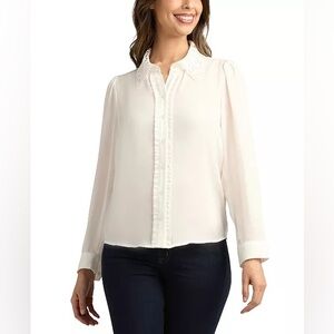 NWT BCX Juniors' Solid Lace Collar Button-Front Elegant & Delicate Blouse